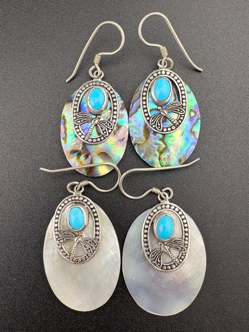 Sterling Silver Turquoise Abalone Dragonfly Hook Earrings x 2 sets - 1.5" long